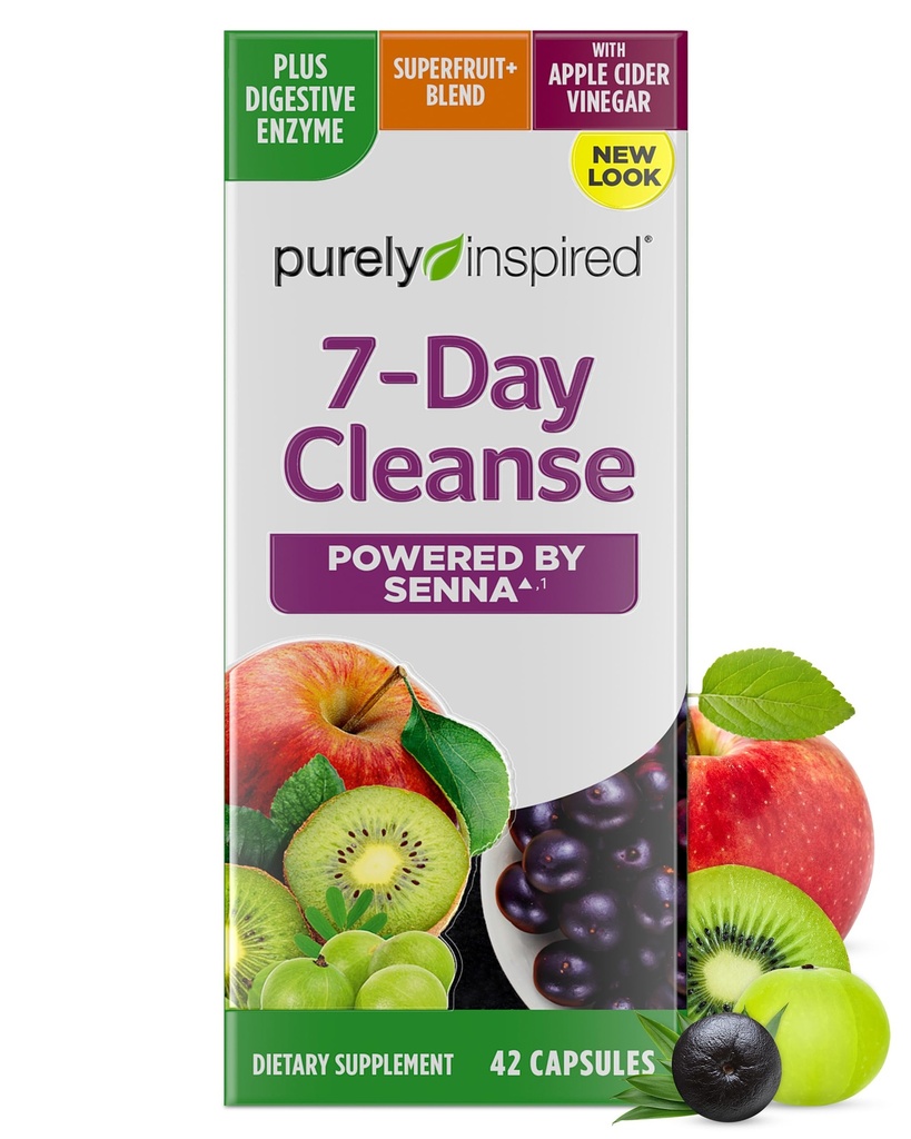 Limpiador de desintoxicación de 7 días puramente inspirado - Píldoras desintoxicación completa para hombres y mujeres, alimentadas con hoja de senna, vitamina C, vinagre de manzana, enzimas digestivas - 42 cápsulas de baya de Acai