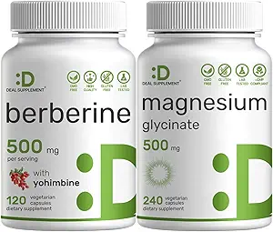 Suplemento de la oferta Magnesium Glycinate 500mg Veggie Capsules & Berberine Suplemento con Yohimbine Bundle – Mineral Chelated Fácilmente Absorbido – Hidrocloruro de alta absorción