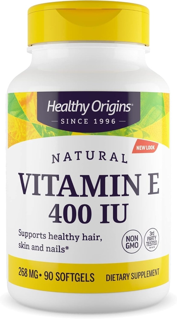 Orígenes saludables Vitamina E 400 UI (Natural, no GMO, Gluten Free, Skin Support, Cardiovascular Support), 90 Softgels