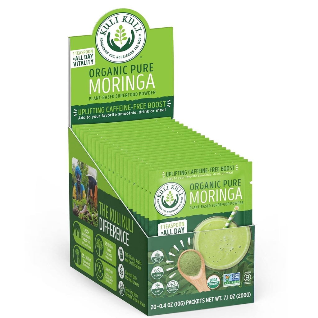 Kuli Kuli Moringa Oleifera Powder ecológico " Green Smoothie, 100% puro USDA Certified " Non-GMO Moringa Powder, Great with Smoothies, Tea, and Food, 0.4 Ounce, Pack of 20 (KK PM)