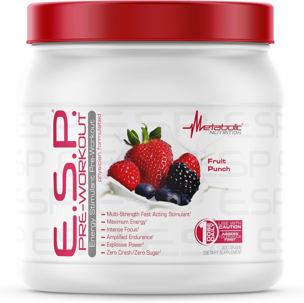 Nutrición metabólica, ESP, Energía y Resistencia Estimulante Pre Workout, Pre Intra Workout, Alta Energía y Focus Mental, Suplemento de entrenamiento estimulante, Fruit Punch, 300 Grams (90 Servings)