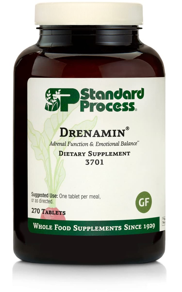 Standard Process Drenamin - Complemento de Función Adrenal para Respuesta al Estrés Saludable - Soportes Producción de Energía saludable " Metabolismo - Libre de gluten, No-Dairy " Non-Soy - 270 Tablets (270 Servings)