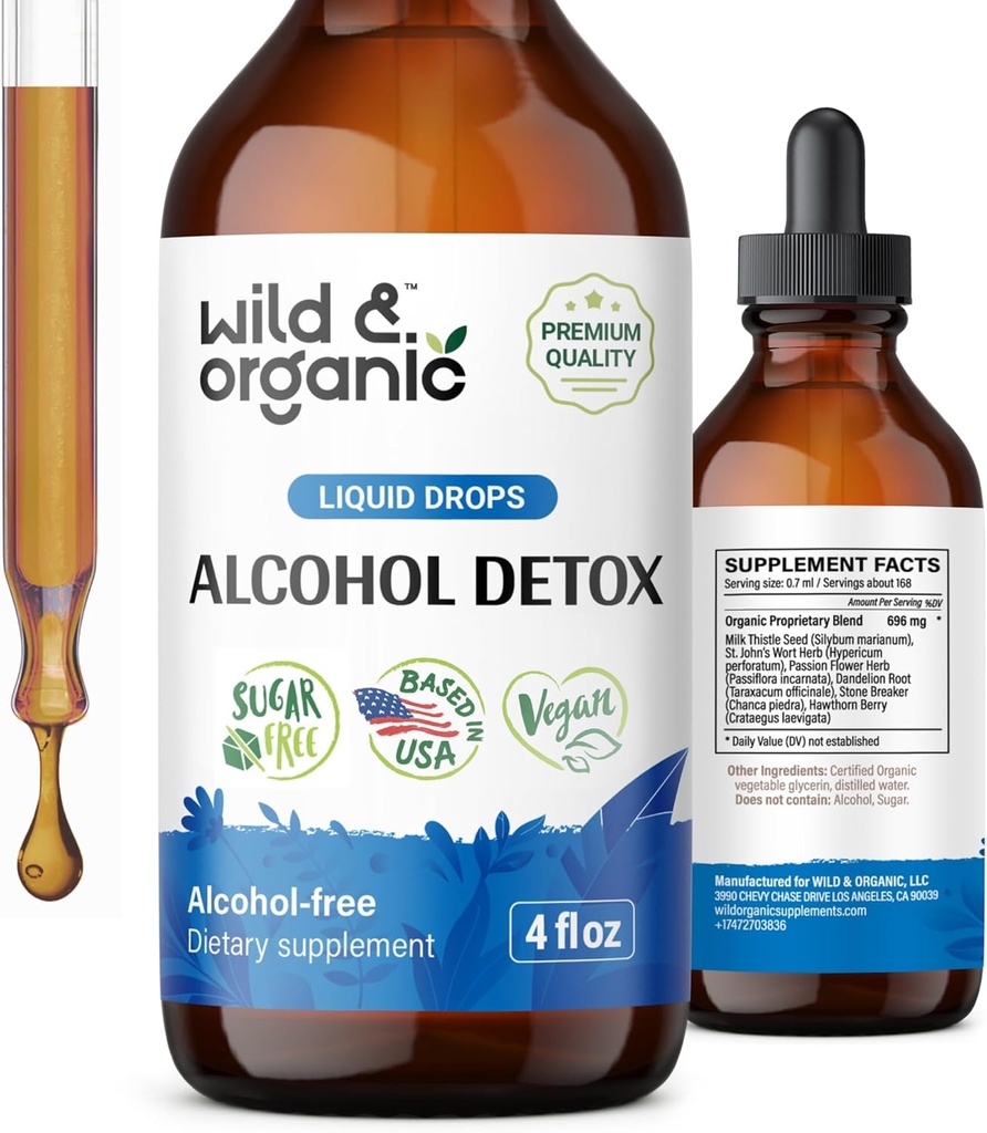 Wild &amp; Organic Alcohol Detox Drops - Liver &amp; Kidney Cleanse with Milk Thistle, Chanca Piedra Stone Breaker - Anti Alcohol Complex for Liver Cleanse Detox - Vegan, No Sugar & Additives - 4 fl oz