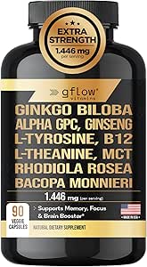 Ginkgo Biloba Alpha GPC Suplemento con Panax Ginseng L Tyrosine con L Theanine, Bacopa monnieri, Rhodiola Rosea, Phosphatidylserine, B12, MCT, DMAE - Complejo confidencialidad Made in USA