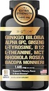Ginkgo Biloba Alpha GPC Suplemento con Panax Ginseng L Tyrosine con L Theanine, Bacopa monnieri, Rhodiola Rosea, Phosphatidylserine, B12, MCT, DMAE - Complejo confidencialidad Made in USA