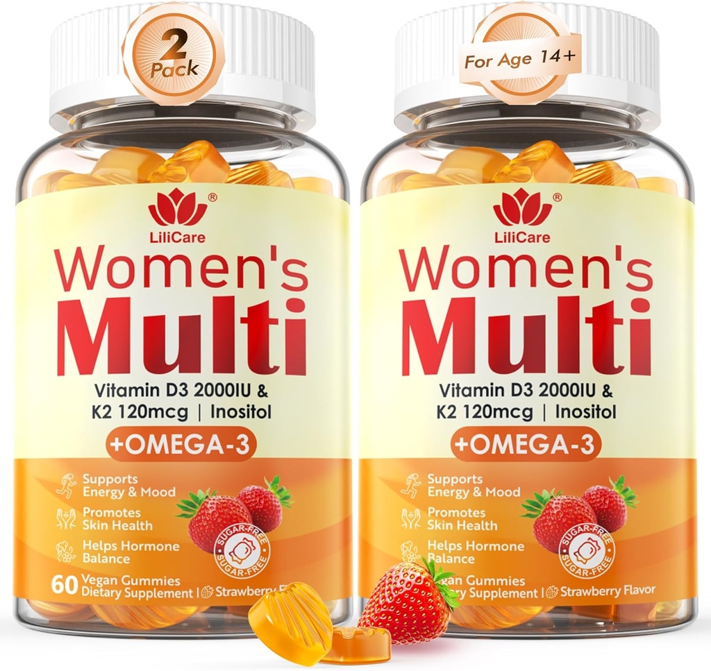 Mujeres Multivitamina Gummy con Omega 3(DHA/EPA), Vitamina D3 K2, Calcio, Inositol, Daily Womens Vitamina A C E B Complex, L-MetilFolate, Metil B12, Azúcar Multivitaminas Minerales Metilada Libre, 120Cts
