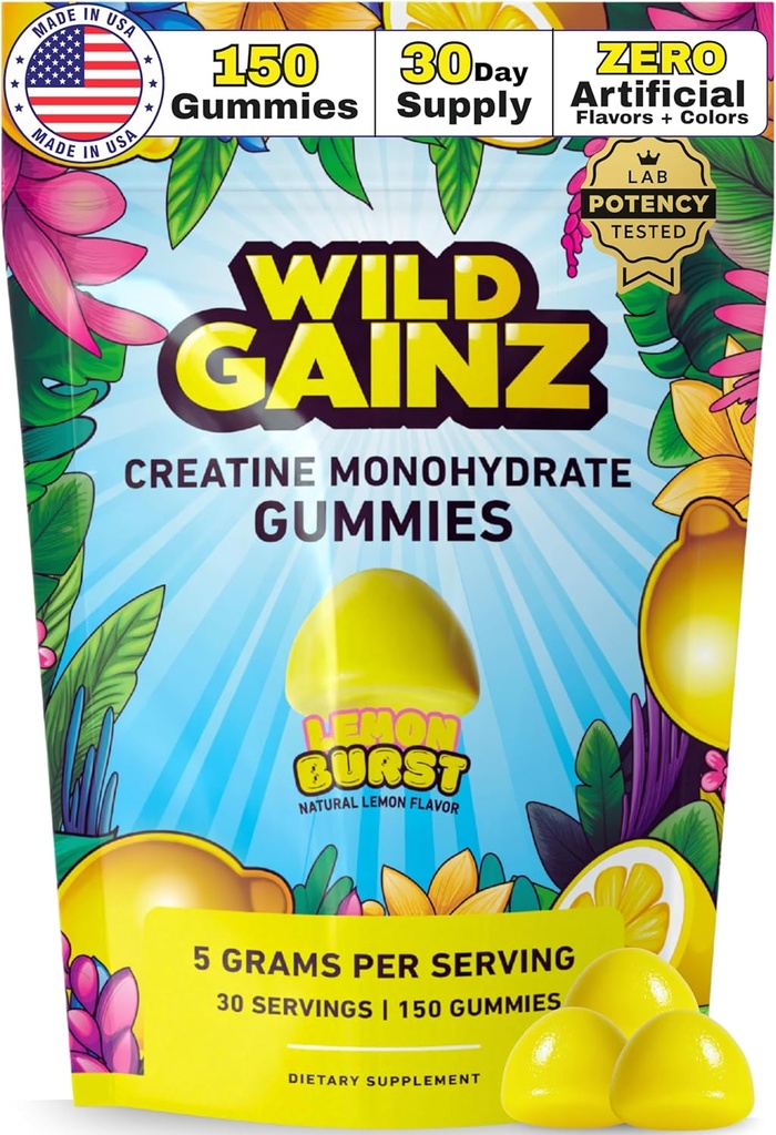 Gummies de Monohidrato de Creatina para Hombres 5000mg - Hecho en EE.UU., Potency Tested, Vegan, soporta el crecimiento muscular, fuerza " función cognitiva, no GMO Gluten-Free Lemon Flavored Creatine 150 Chews