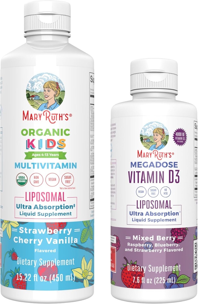 MaryRuth Organics Kids Multivitamin Liposomal (Strawberry Cherry & Vanilla) & Vitamina D3 Liposomal (Mixed Berry) Clean Label Project Verified® Vitamins for Immunity &amp; Wellness general, Vegan, Non-GMO