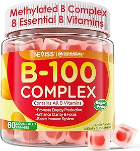 Super vitamina B Complejo Gummies - Todas las vitaminas B incluyendo Metil B12, B1, B2, B3, B5, B6, Biotina, Methylfolate con Vitamina C, Choline, Inositol, PABA para Energía, Cerebro &amp; Apoyo Inmunitario, Sugar Gratis