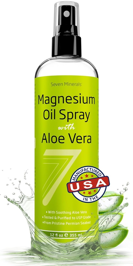 Siete Minerales Pure Magnesium Oil Spray con Aloe Vera 12oz - Farmacéutica (USP) Grado, Fuerza más alta con el alivio instantáneo para pies, sueño, dolor muscular &amp; calambres - Mined in The USA