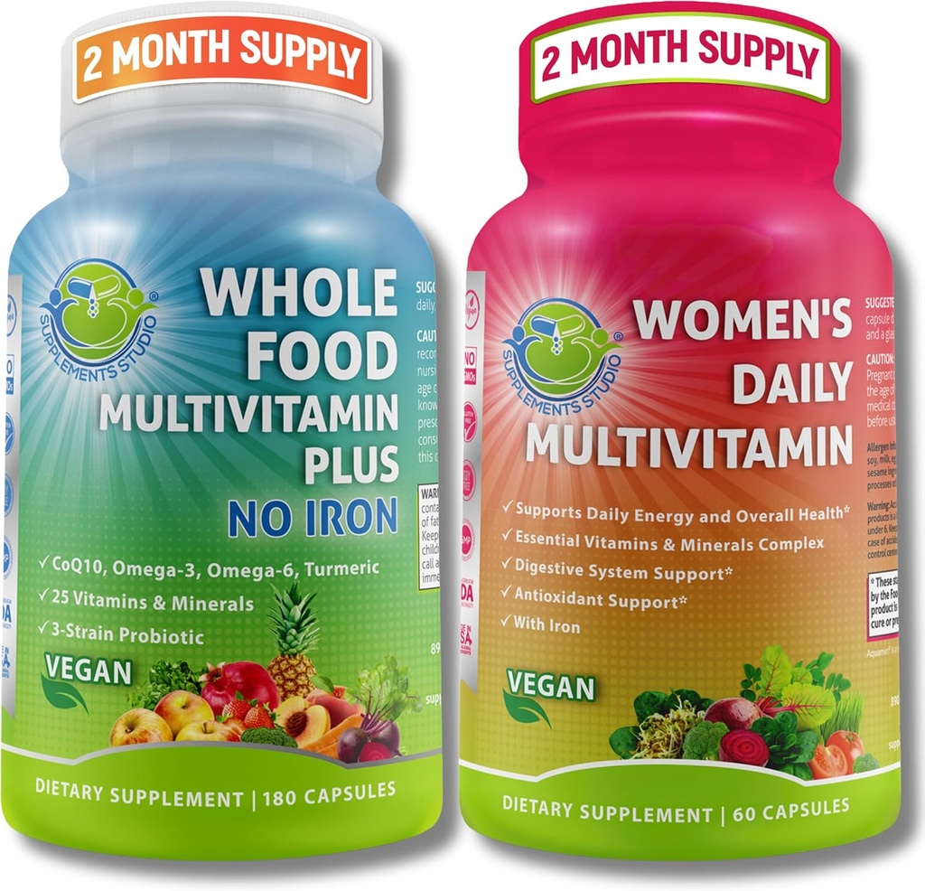 SUPPLEMENTOS STUDIO Multi-System Support Duo – Whole Food Multivitamin Without Iron + Women’s Daily Multivitamin with Iron – Vegan, Non-GMO, Clean Daily Wellness Support