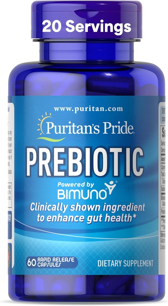 Prebióticos del orgullo de Puritan para hombres y mujeres alimentados por Bimuno, Suplemento dietético para la salud avanzada del Gut, ayuda a aliviar el rubor, 60 cápsulas de liberación rápida