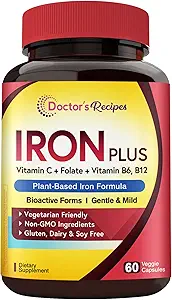 Recetas del médico Suplemento de hierro, Bisglycinate de hierro con vitamina C, B6, Folate " B12, No estreñimiento, Stomach Friendly, Gentle Iron Pills for Iron Deficiency, Blood & Energy Support, 60 Vegan Caps