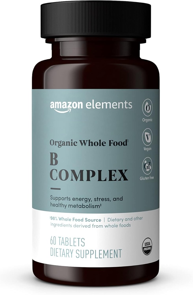 Elementos Complejo completo de alimentos orgánicos B, 98% Fuente completa de alimentos, dietético y otros ingredientes derivados de alimentos enteros, 60 tabletas