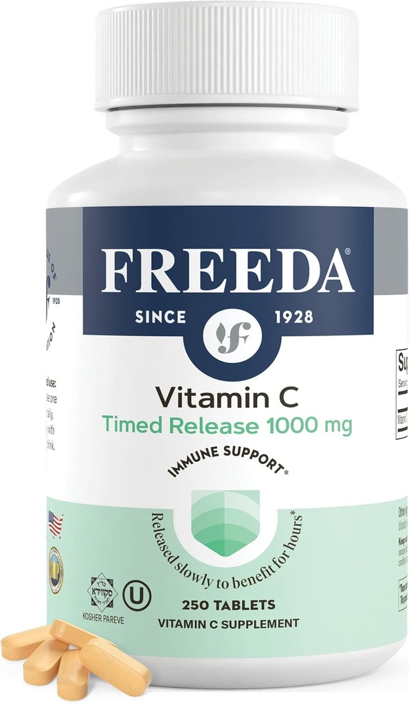 FREEDA Vitamina C - Timed Release 1000mg – Lenta liberación para el soporte antioxidante de todo el día, suave sobre Stomach, Kosher & Vegan, Tabletas de alta absorción (250 Tabletas)