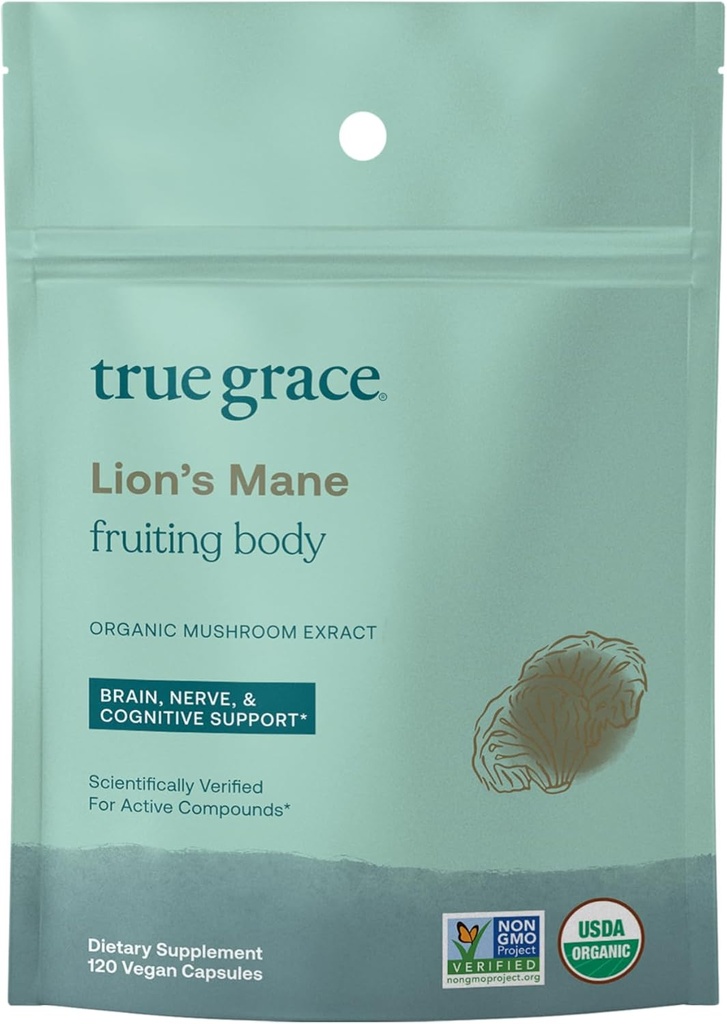 True Grace Mushroom Lion's Mane Brain, Nerve & Cognitive Support - 120 Conde Capsules - Orgánico