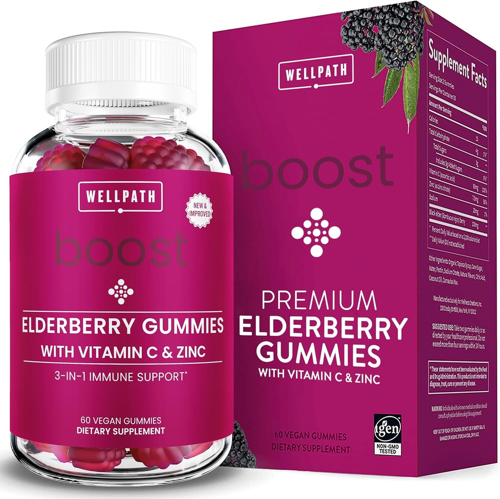 WellPath Boost Elderberry Gummies with Zinc &amp; Vitamin C sometida Immune Support Supplement for Adults TEN Immunity Booster Vitaminas ← Sambucol Black Gummy ← Non-GMO & Vegan, 60 Ct
