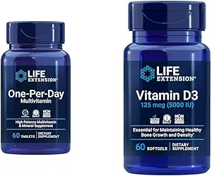 Extensión de vida Multivitamínico por día – Empaquetado con más de 25 vitaminas, minerales " extractos vegetales " Vitamina D3 125 mcg (5000 UI), salud ósea, rendimiento cerebral, apoyo del sistema inmunitario