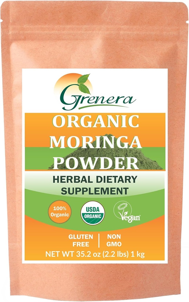 Grenera Orgánica Moringa Powder - 2.2 lbs (35.2 oz) ← Moringa Oleifera Leaf Powder Lab Tested for Purity ← Moringa Powder Orgánica Perfecta para Smoothies, Bebidas, Té &amp; Recetas tención 100% Raw from India
