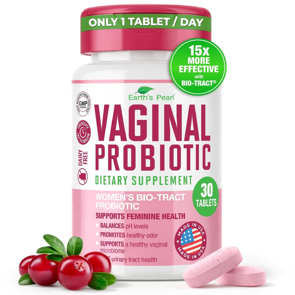 Probióticos de la perla de la Tierra para mujeres - 15 x Más Eficacia con BIO-Tract®, 3 millones de CFU, Probiótico &amp; Prebiótico Blend, promueve el olor vaginal saludable y el equilibrio pH para mujeres - Sólo 1 Tablet/Day