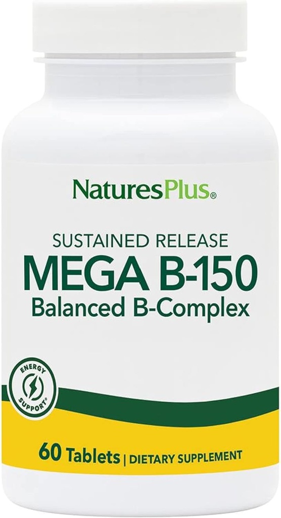 Natures Plus Mega B150 Complejo, liberación sostenida - 60 Tabletas vegetarianas - Maximum Potency B Complex Vitamin Supplement - Gluten-Free - 60 Servings