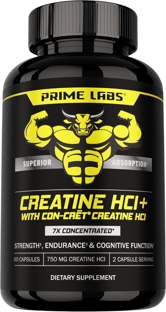Prime Labs Creatine HCl Capsules - con CON-CR"T®, Rhodiola Root Extract, " L-Theanine - Muscle Support, Endurance, Cognitive Function - for Men &amp; Women - 60 Pills