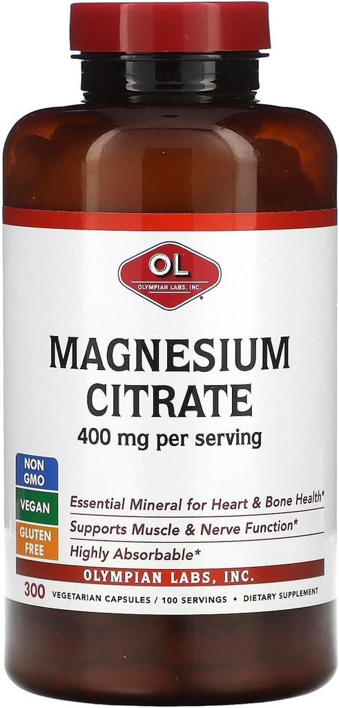 Olympian Labs Magnesium Citrate 400mg - 300 Capsules - Easy Absorbable, Supporting Healthy Bones, Healthy Heart and Calcium Absorption