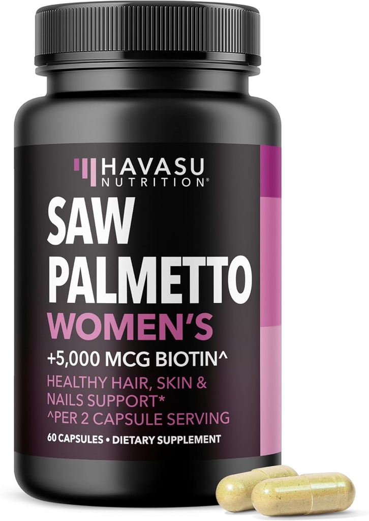Saw Palmetto for Women with Biotin 5000mcg - potente bloqueador DHT para soportar el cabello, la piel y la salud de uñas - 60 cuenta - Vegan, vitamina no GMO para fuertes, más completa búsqueda cerraduras - 1 mes de suministro