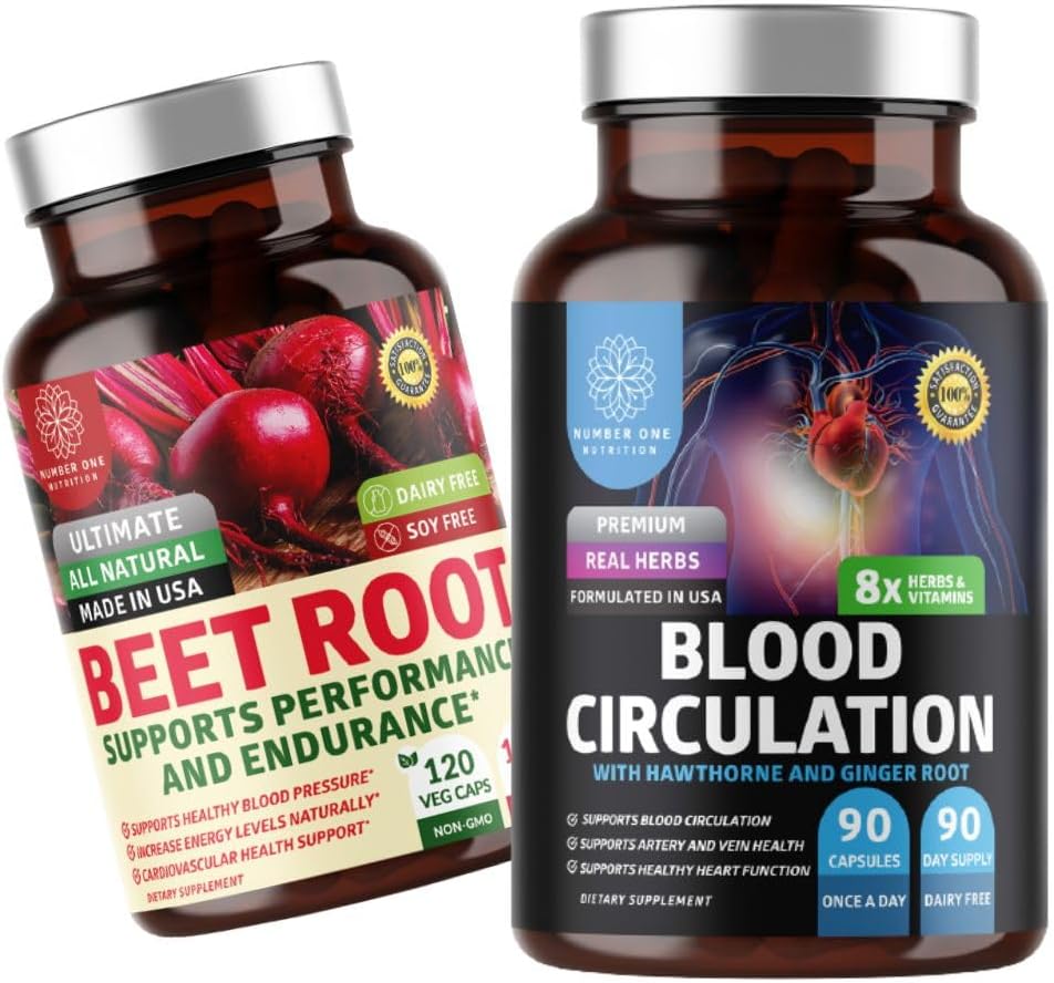 N1N Premium Blood Circulation Supplement [8 Powerful Herbs & Vitamins] and Organic Beet Root Capsules, 1300mg para apoyar la salud cardíaca, la circulación de sangre y la presión arterial, 2 Pack Bundle