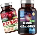 N1N Premium Blood Circulation Supplement [8 Powerful Herbs & Vitamins] and Organic Beet Root Capsules, 1300mg para apoyar la salud cardíaca, la circulación de sangre y la presión arterial, 2 Pack Bundle