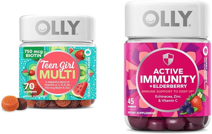 OLLY Adolescent Girl Multi Gummy, Healthy Skin and Immune Support, 15 Vitaminas Esenciales, 70 Conde Gummy Active Immunity+Elderberry, 45 Gummies, Berry Flavor