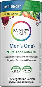 Rainbow Light Mens One Multivitamin, Men's Daily Multivitamin proporciona soporte de inmunodeficiencia de alta potencia, con vitamina C, vitamina D y zinc, vegetariano, 120 cuenta