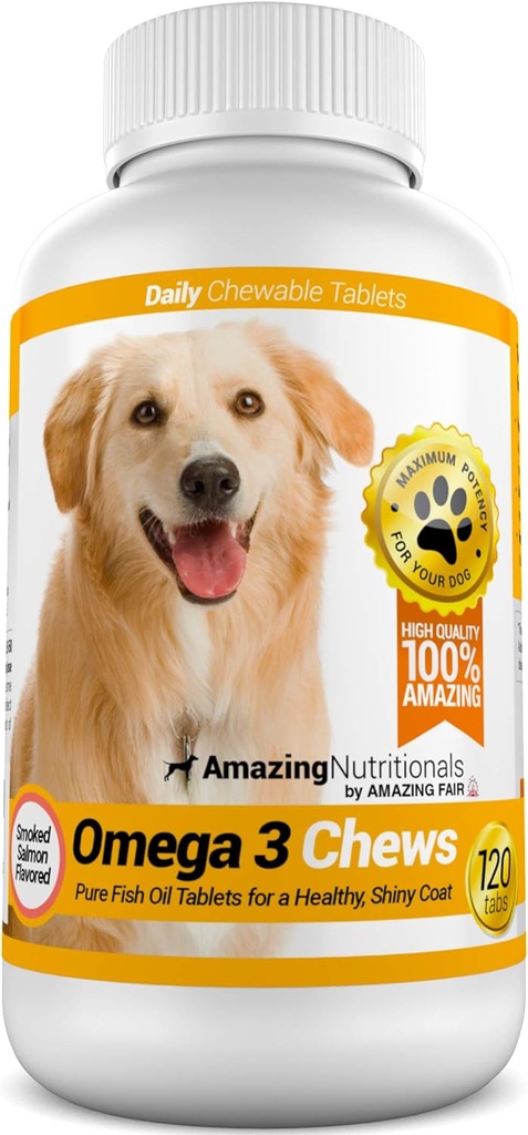 Amazing Omega 3 for Dogs - Omega 3 Fish Oil for Dogs Suplemento para Itchy Skin Relief for Dry Skin and Hot Spots and Shedding Coat with EPA and DHA Fatty Acids - 120 Salmon Flavor Chews