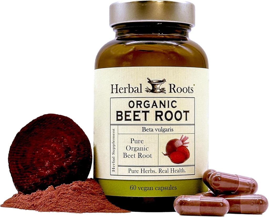 Herbal Roots Organic Beet Root Powder Capsules - 1.500mg por Serving - Certified USDA Organic - Non-GMO - 60 Conde Vegan Capsules