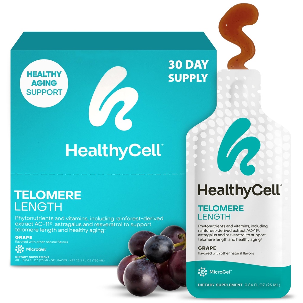 Telomere HealthyCell Longitud Suplemento - Anti-Aging Telomere Longitud de suplementos con fitonutrientes " Vitaminas para la salud celular - AC-11, Astragalus " Resveratrol - 30 Gel Packs, Grape Flavored
