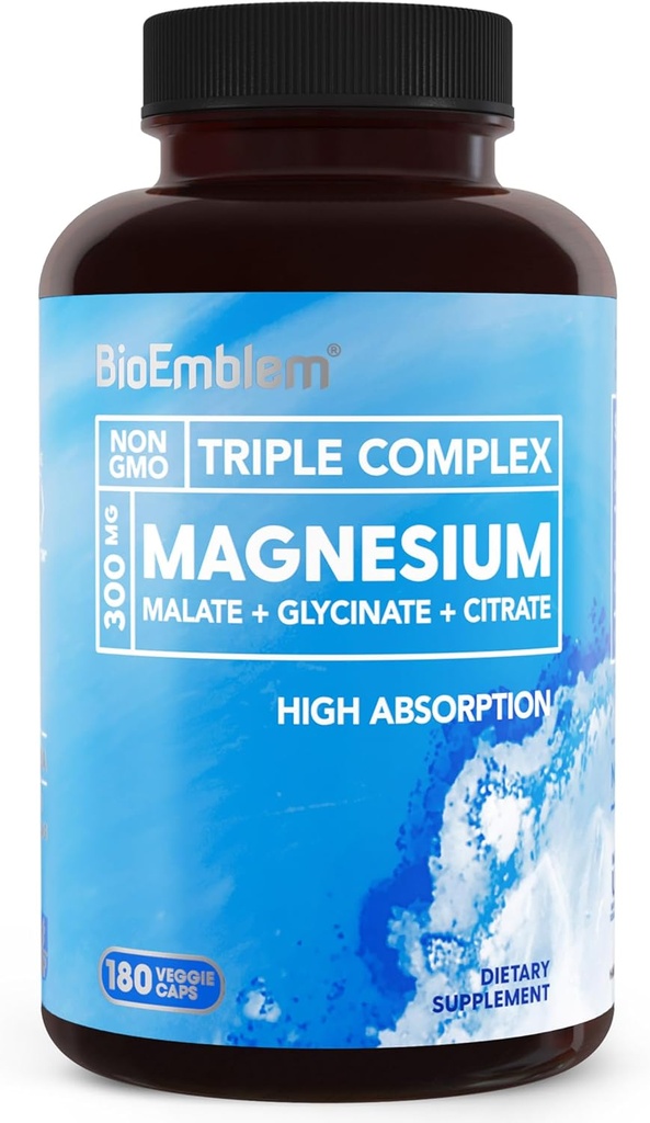 Complejo de magnesio de BioEmblem Triple tención 300mg de Glycinate de Magnesio, Malate, " Citrate for Muscles, Nerves, " Energy TEN High Absorption TEN Vegan, Non-GMO TEN 180 Capsules