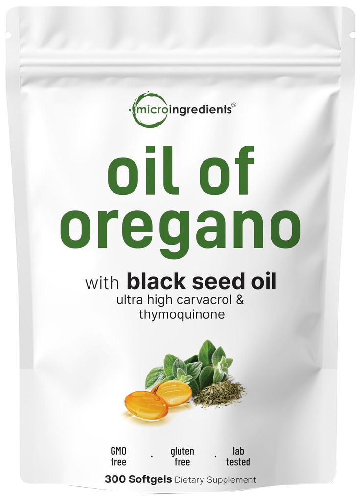 Micro Ingredients Oil of Oregano Softgels, 300 Count | 2 in 1 Formulated with Black Seed Oil | 4X Strength Carvacrol & Thymoquinone | Plant Based, Non-GMO