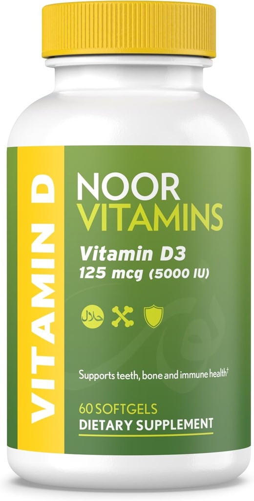 Vitamina Halal D, Vitamina Halal D3, 5000 UI Softgels, Soporta el Hueso, Inmune &amp; Heart Health, del aceite de girasol para maximizar la absorción, no GMO, Gluten Gratis &amp; Halal (60 Cuenta)...