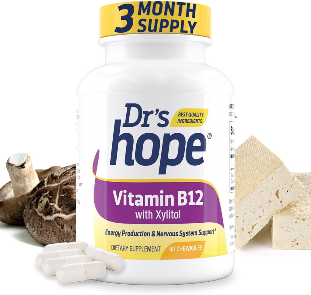 Vitamina B12 1000 Mcg, B12 Vitaminas 1000 Mcg Ayuda a aumentar el metabolismo, la producción de energía y el soporte del sistema nervioso, 90 Tabletas Chewable - 1 Tablet Por Serving, Non-GMO & Gluten Free