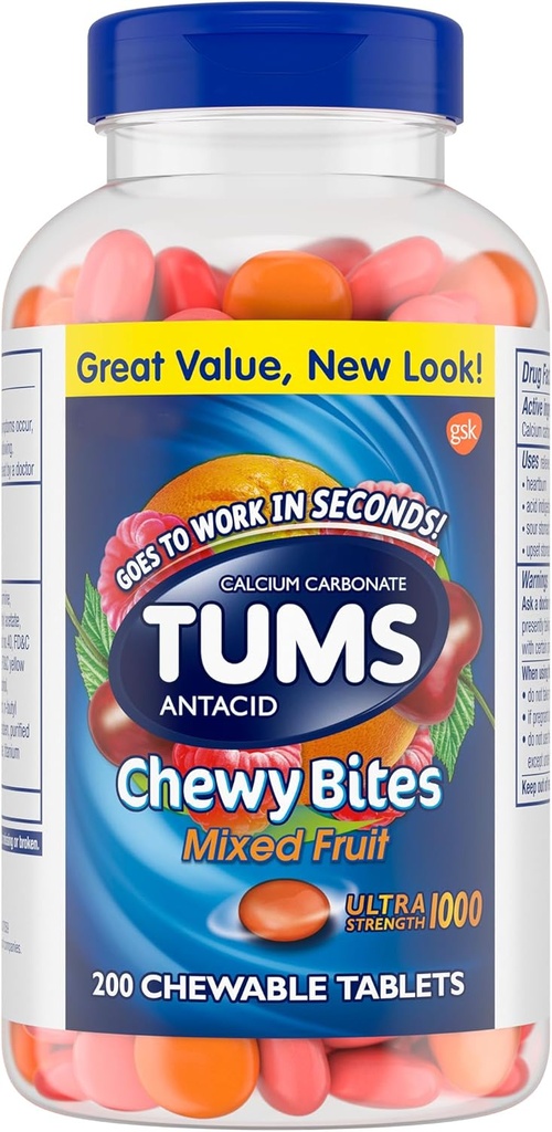 TUMS Chewy Bites Tablas de antácidos picantes para el alivio de la acidez del corazón ultratrength, ideal para un verano de la fruta mezclada BBQ - 200 Cuenta