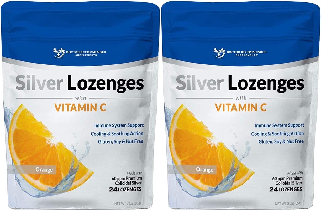 Lozenges de Plata con Vitamina C - Premium Nano Plata 60 PPM Colloidal Plata, Miel Orgánica y Vitamina C Suplemento Mineral gotas para soportar el sistema inmunológico, Soothe Cough & Throat - Pack de 2