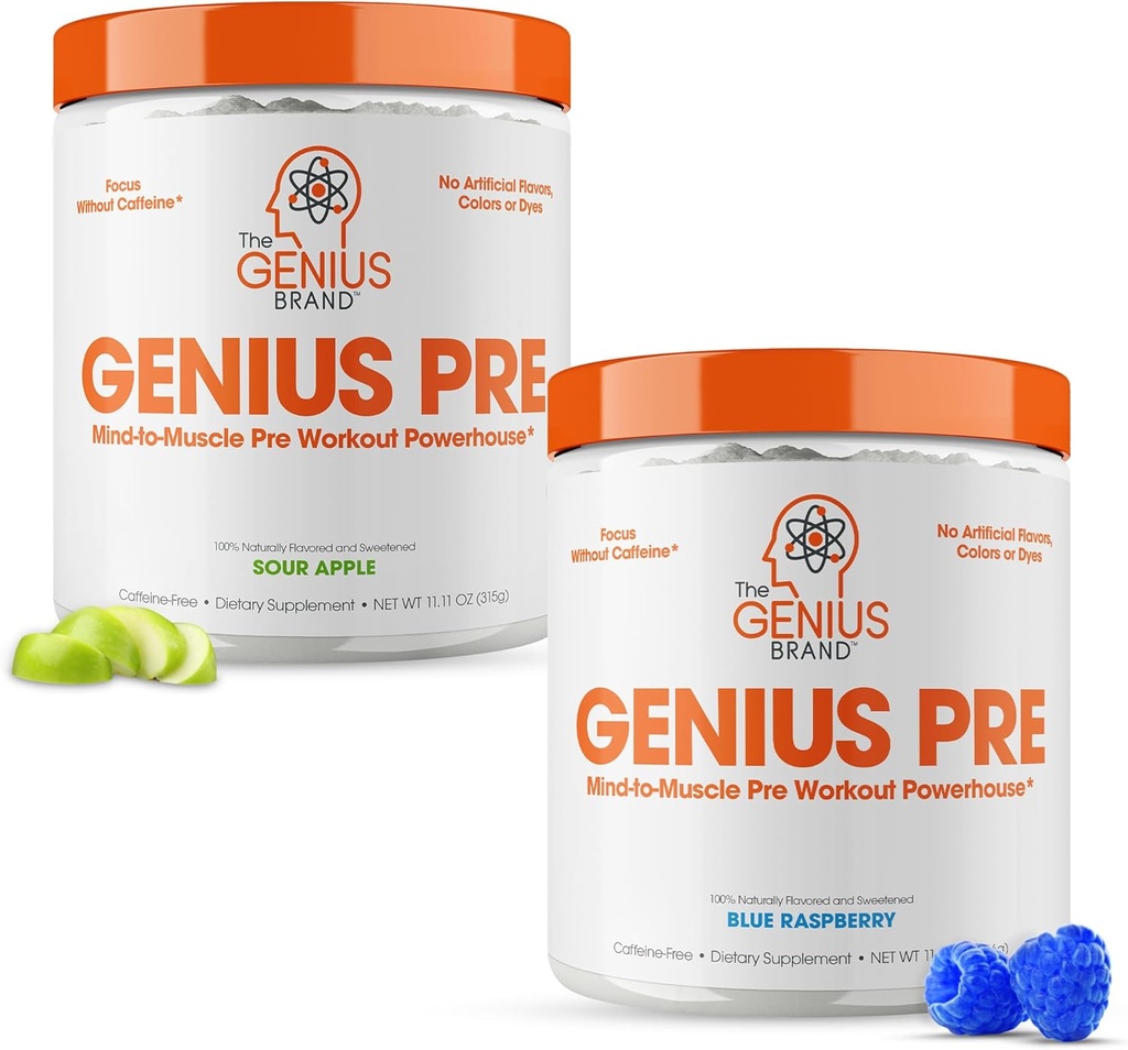 Genius Pre-Workout Suplemento Bundle - Blue Raspberry &amp; Sour Apple - Caffeine-Free/Stimulant-Free