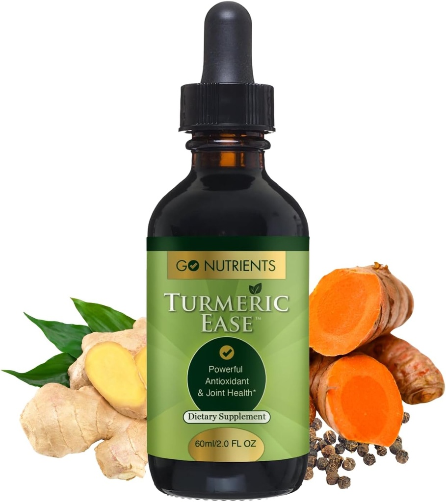 Go Nutrients Turmeric Ease - Suplemento Turmérico Orgánico con Curcumin, Ginger &amp; Black Pepper - Líquido gotas Extracto Tintura para la absorción rápida – apoya la salud conjunta &amp; Defensa Inmunitaria – 2oz