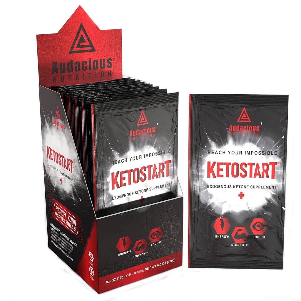 KetoStart+ ← Exógena Ketones Polvo con electrolitos para la energía, fuerza " Silencio con la cafeína ¦ Raspberry Lemonade Flavor Electrolyte Powder (10x Ketones Drink Mix Packets)