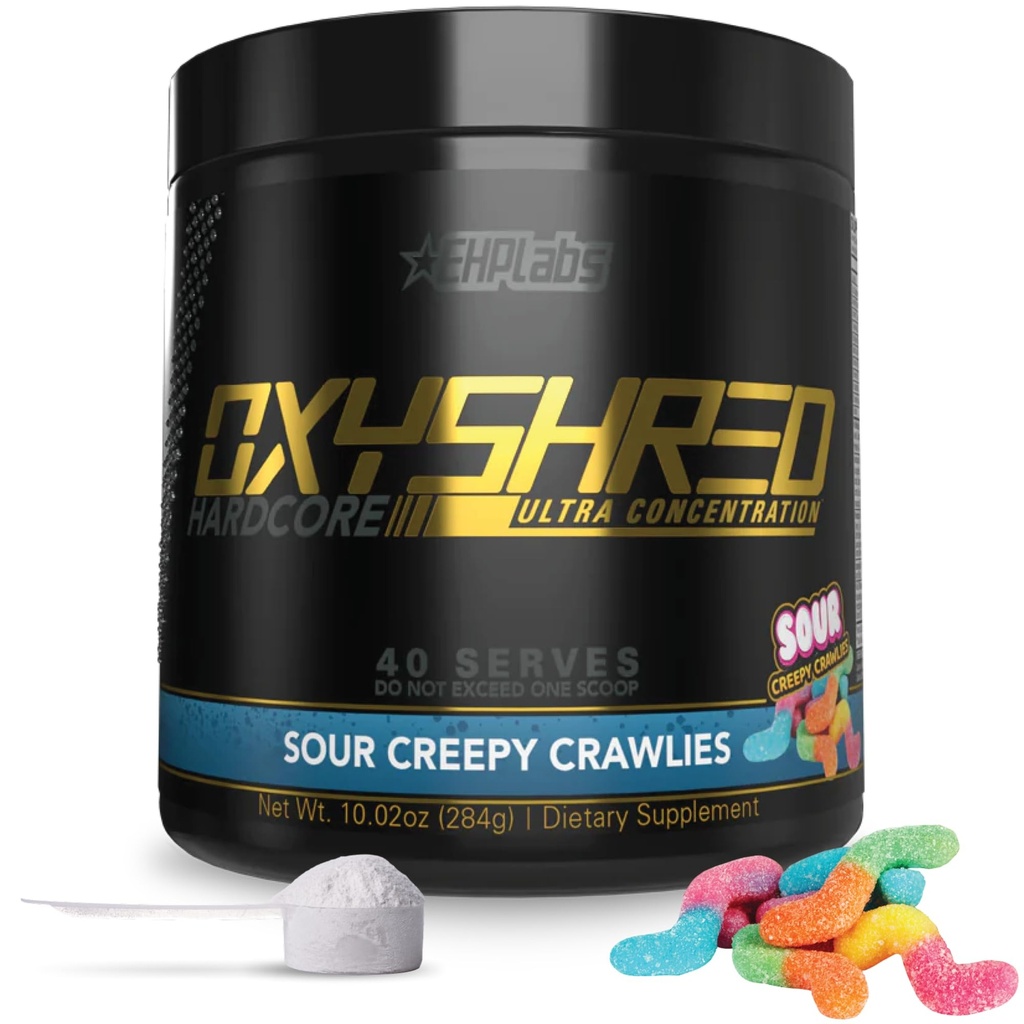 EHP Labs OxyShred Hardcore Super Dosed Pre Workout Powder - Preworkout Powder with L Glutamine &amp; Acetyl L Carnitine, Energy Boost Drink - 275mg of Caffeine - Sour Crawlies, 40 Servings