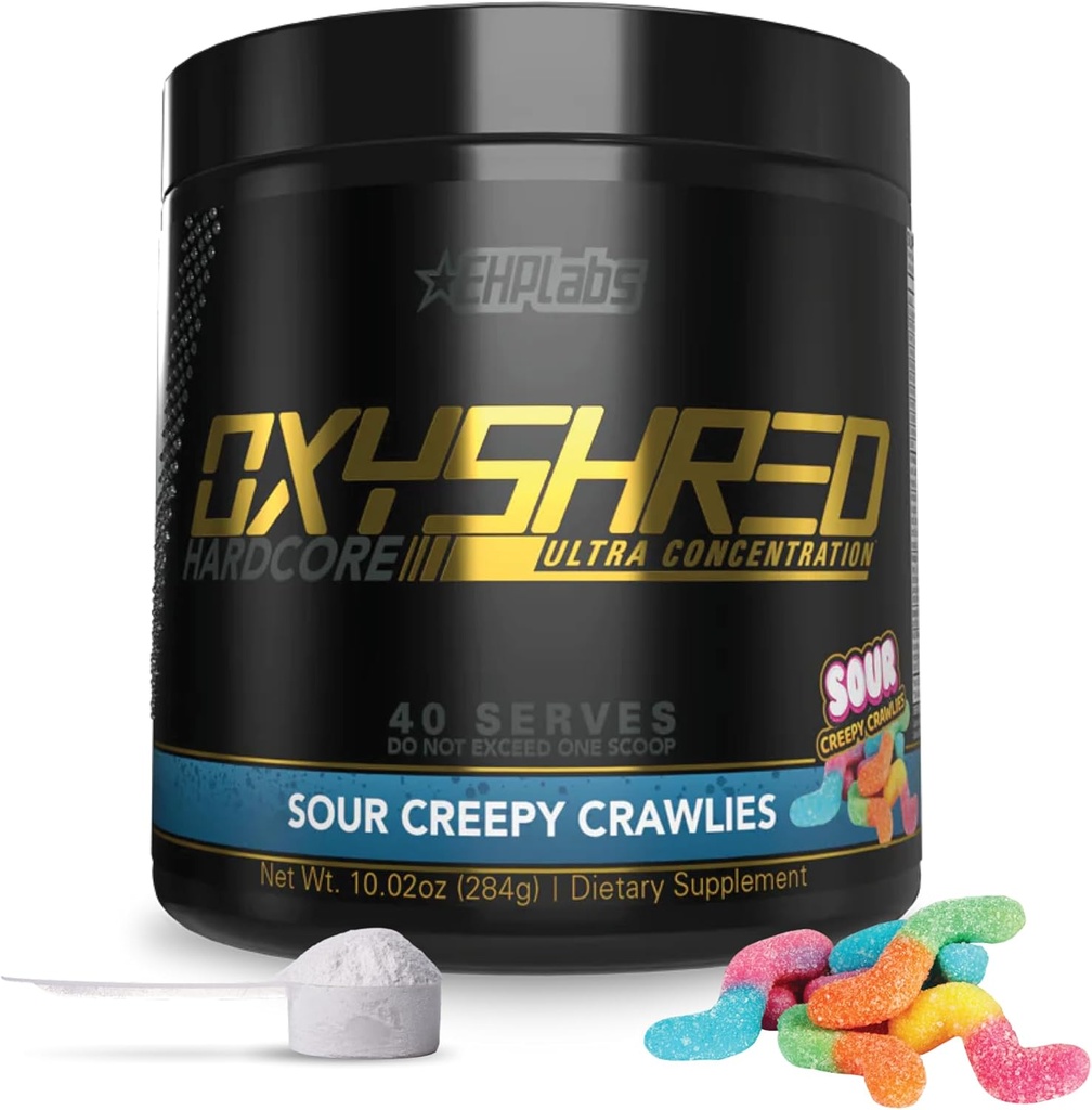 EHP Labs OxyShred Hardcore Super Dosed Pre Workout Powder - Preworkout Powder with L Glutamine &amp; Acetyl L Carnitine, Energy Boost Drink - 275mg of Caffeine - Sour Crawlies, 40 Servings