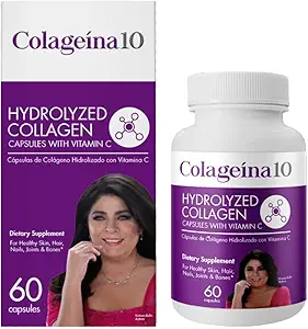 Colageina 10 cápsulas de colágeno hidrolizado con vitamina C - Suplemento dietético anti envejecimiento para la piel sana, el pelo, las uñas, las juntas y los huesos - 60 cuenta