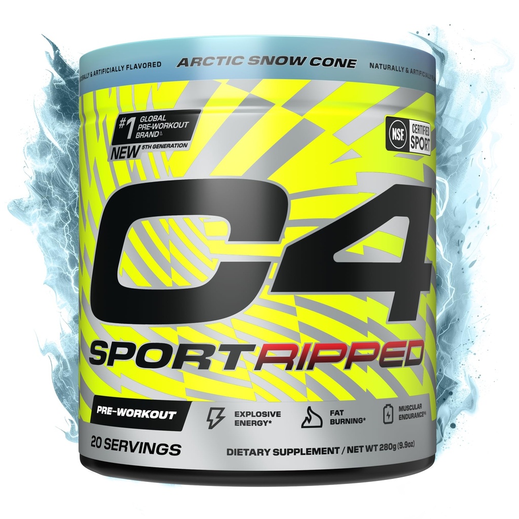 Cellucor C4 Ripped Sport Pre Workout Powder - NSF certificado para el deporte - 200mg Caffeine + Cayenne Extracto + Carnitine Tartrate + Beta-Alanine - Artic Snow Cone, 20 Servings
