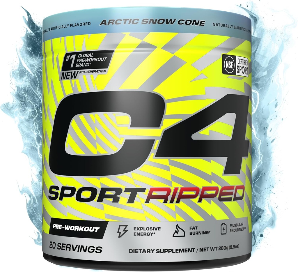 Cellucor C4 Ripped Sport Pre Workout Powder - NSF certificado para el deporte - 200mg Caffeine + Cayenne Extracto + Carnitine Tartrate + Beta-Alanine - Artic Snow Cone, 20 Servings