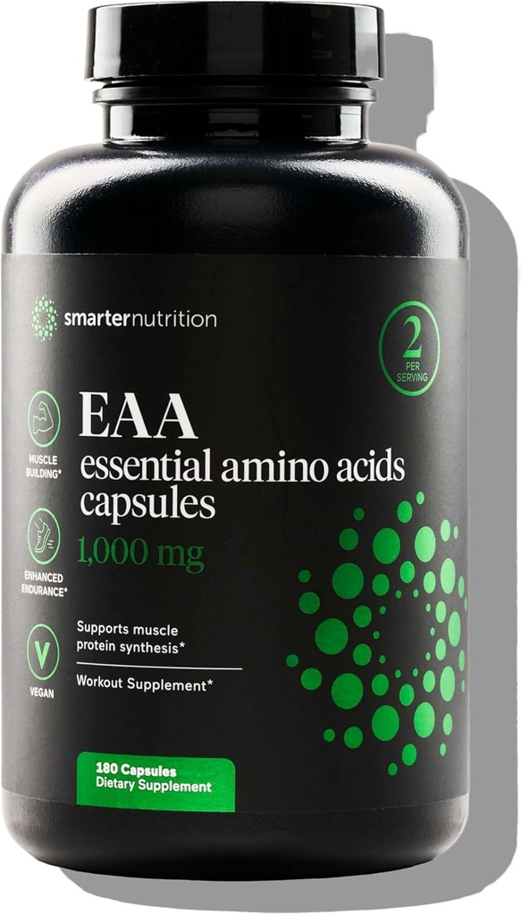 SMARTERNUTRITION Essential Amino Amino Acids (EAA) Capsules - 1 Gram Por Serving of All 9 EAAs - Supports Muscle Mass & Exercise - Non-GMO, Vegan, Gluten Free - 180 Count[90-Day Supply]